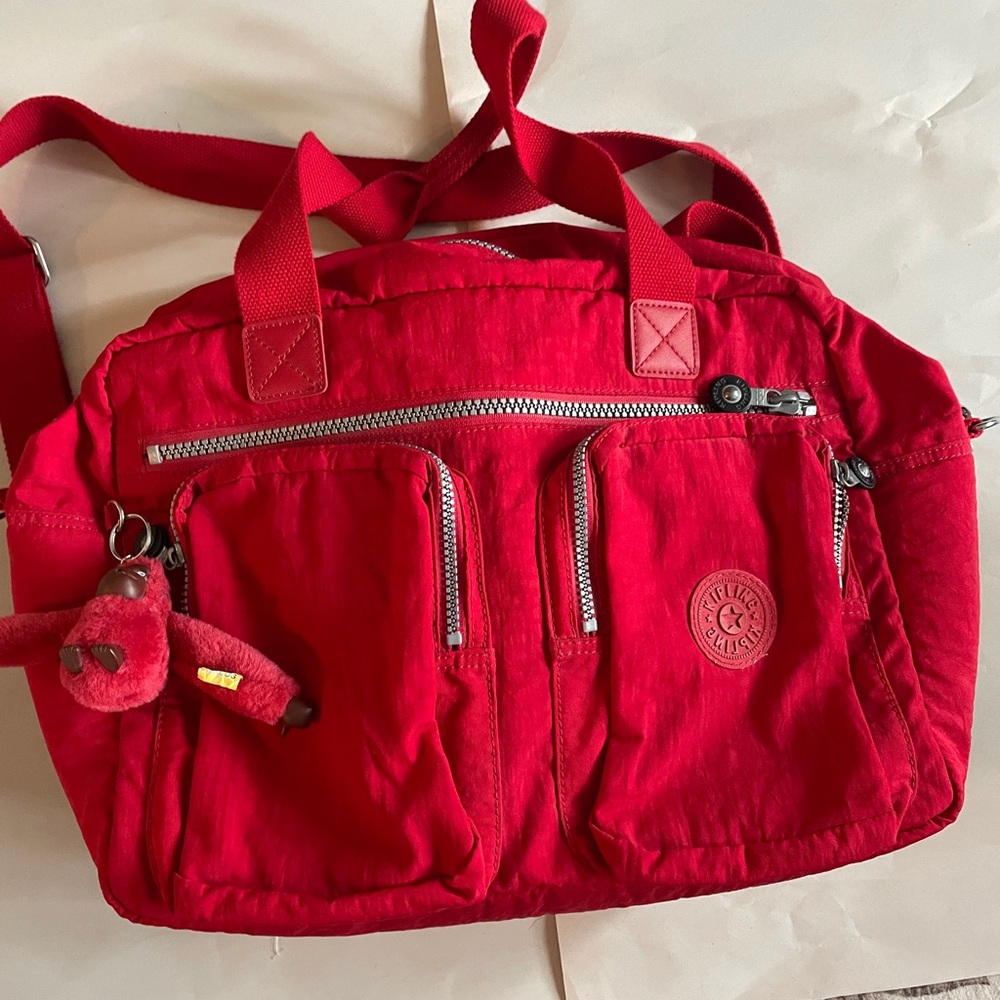 Kipling Red Tote Bag with Monkey Charm